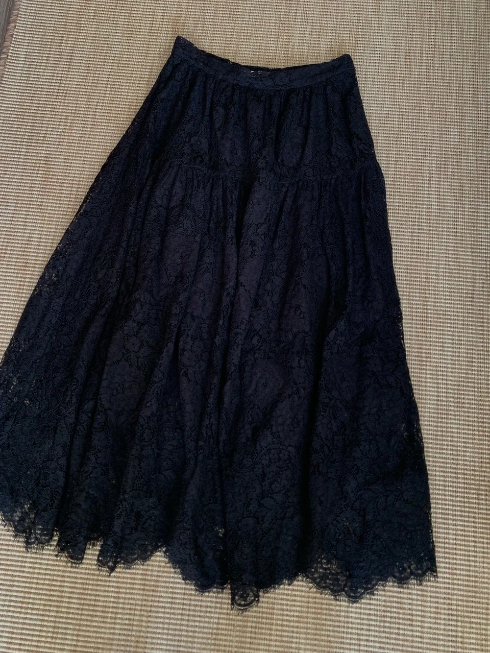 Doen Sebastiane Lace Cotton A Line Trim Tiered Midi Maxi Long Skirt Black